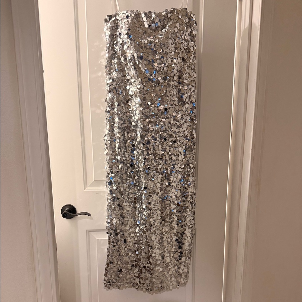B Darlin Elegant Silver Sequin Midi Dress